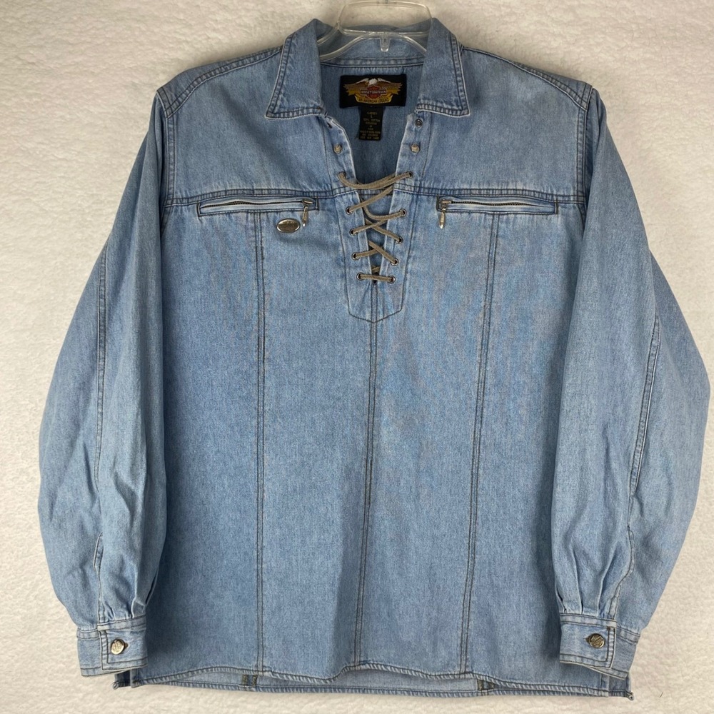 Harley Davidson Womens Denim Lace Up Shirt Jacket Size L Light Wash
